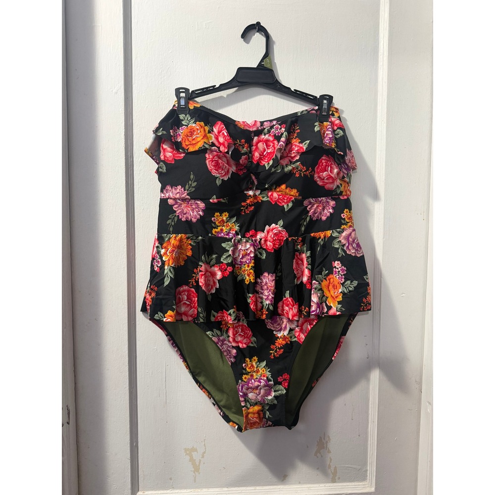 Terra & Sky Black Floral Strapless Peplum One Piece Swimsuit Plus Size 1X 16W-18